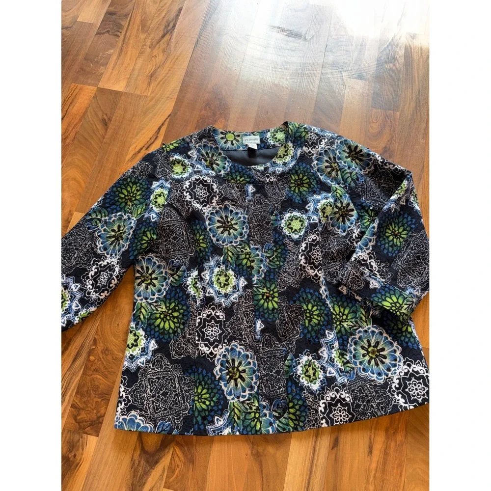 Chico's Jacket Womens 3 XL Blue Green Excellent Beaded‎ Quilted Floral Mandala